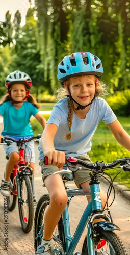 Sunny Day Bicycle Ride With Two Young Cyclists in a Lush Green Park