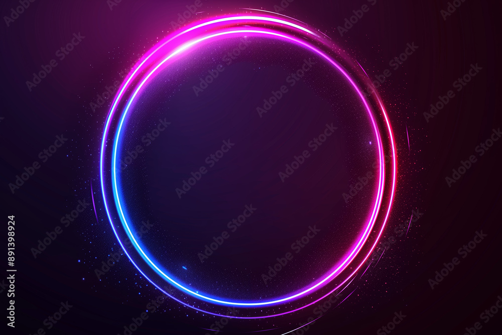 Abstract neon light circle in purple and blue hues with digital elements on dark background. Futuristic technology concept. Wallpaper and background design