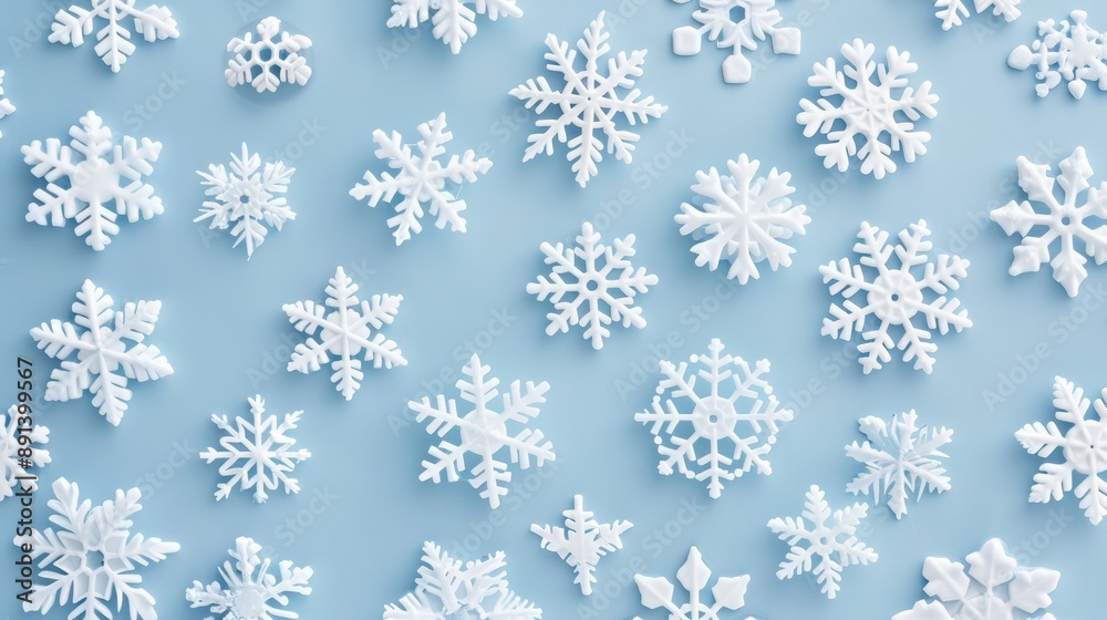 White snowflakes on a plain white or blue background, highlighting their unique symmetrical patterns. SEAMLESS PATTERN. SEAMLESS WALLPAPER. White snowflakes on a plain white or blue background, highlighting their unique symmetrical patterns. SEAMLESS PATTERN. SEAMLESS WALLPAPER.