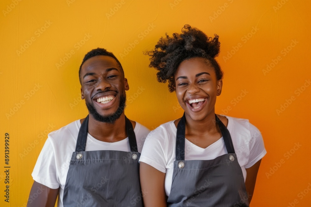 Two young restaurant workers smiling with aprons on yellow background Two young restaurant workers smiling with aprons on yellow background
