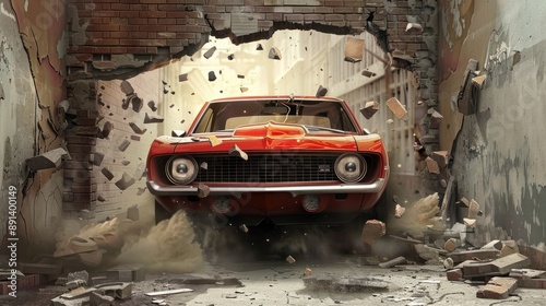 Fototapeta Naklejka Na Ścianę i Meble -  3d wallpaper design with a classic car. driving through a broken wall