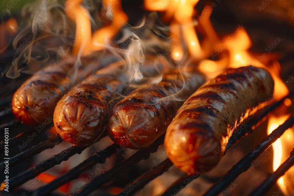 Close-Up of Grilled Sausages on a Barbecue with Smoke and Flames Close-Up of Grilled Sausages on a Barbecue with Smoke and Flames