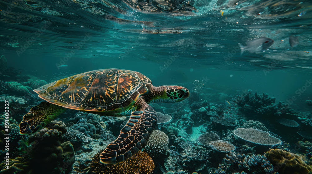Obraz premium A photograph of a turtle swimming underwater, green and yellow shell, detailed texture, serene and calm pose, straight-on angle, near a coral reef