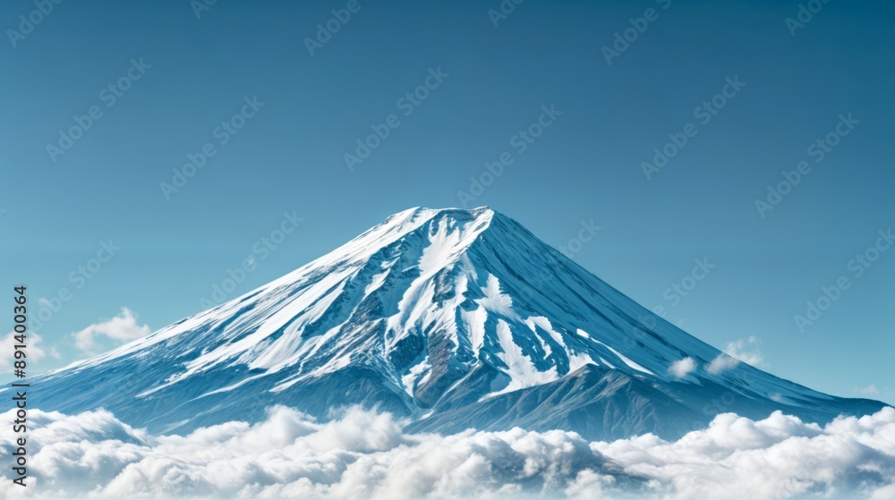 The image depicts a majestic mountain peak, covered in a blanket of snow and surrounded by a sea of clouds. The peak stands tall against the backdrop of a clear blue sky. The image depicts a majestic mountain peak, covered in a blanket of snow and surrounded by a sea of clouds. The peak stands tall against the backdrop of a clear blue sky.