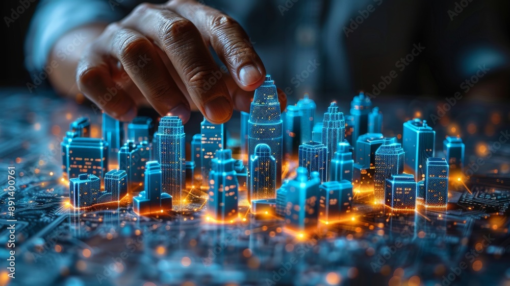 Business man with design modern building blue hologram. Business man with design modern building blue hologram.