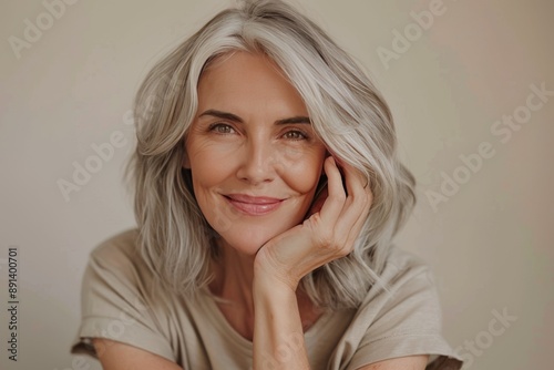 beauty portrait of a smiling woman 45 years old with gray hair on a  neutral background, concept of natural female beauty and skin care