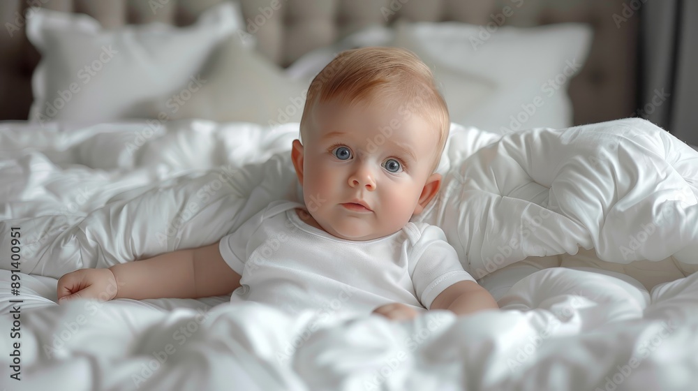 Baby wearing white shirt bodysuit mockup, at white bed background. Baby wearing white shirt bodysuit mockup, at white bed background.