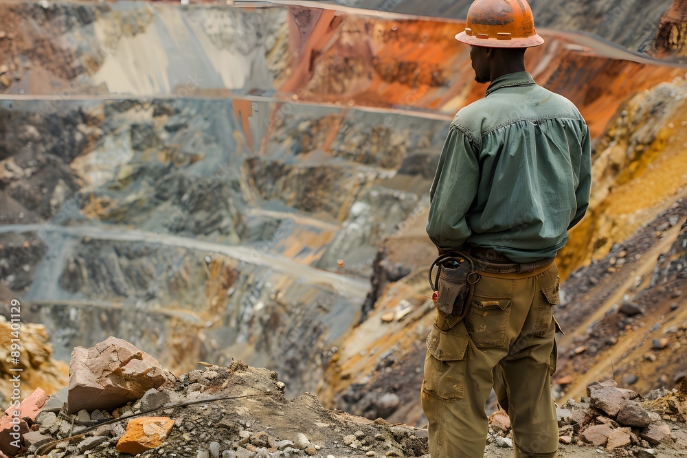 A Miner Overlooking a Vibrant Open-Pit Mine A Miner Overlooking a Vibrant Open-Pit Mine