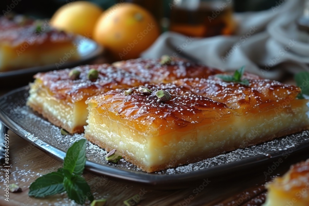 Lebanon Knafeh A slice of sweet cheese pastry soaked in syrup, topped with a layer of orange semolina crust and garnished with crushed pistachios. Lebanon Knafeh A slice of sweet cheese pastry soaked in syrup, topped with a layer of orange semolina crust and garnished with crushed pistachios.