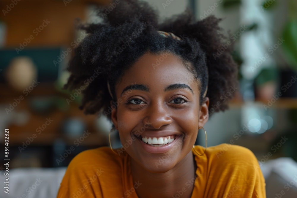 Young black woman with afro hair style smiling at home Young black woman with afro hair style smiling at home