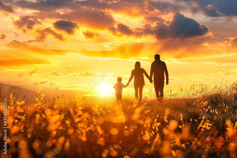 A Family's Silhouette Walks Towards the Setting Sun A Family's Silhouette Walks Towards the Setting Sun