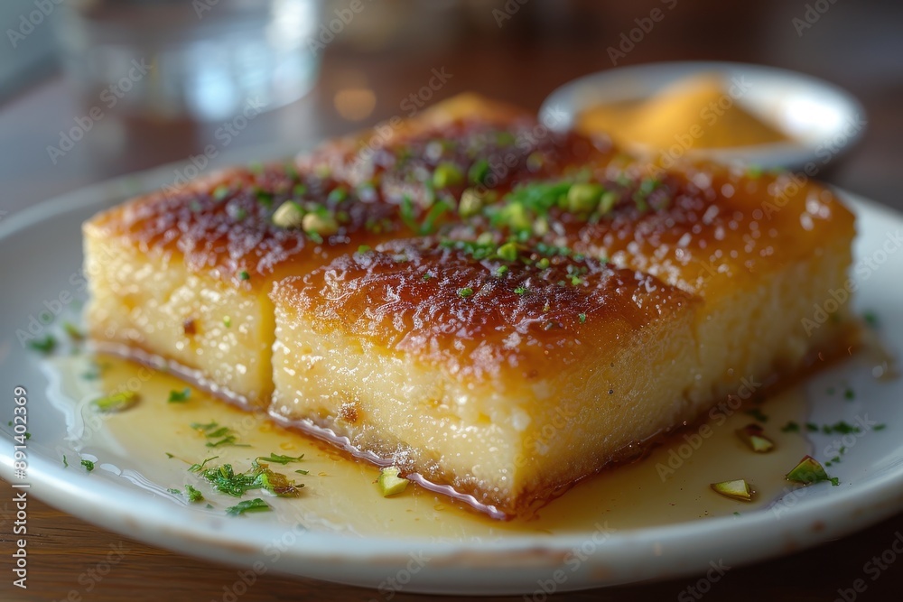 Lebanon Knafeh A slice of sweet cheese pastry soaked in syrup, topped with a layer of orange semolina crust and garnished with crushed pistachios. Lebanon Knafeh A slice of sweet cheese pastry soaked in syrup, topped with a layer of orange semolina crust and garnished with crushed pistachios.