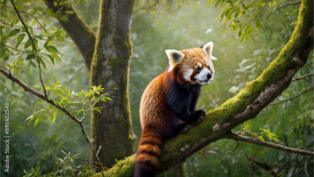 Obraz premium Selective focus of red panda on top of a tree branch in a dense forest.