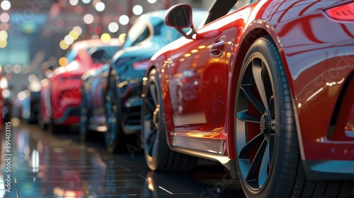 a row of new cars on display for sale at a car dealership