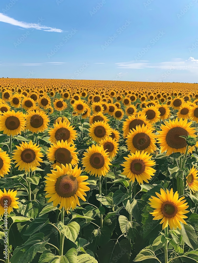 Fototapeta premium A field of sunflowers under a bright blue sky, cheerful and vibrant, perfect for advertising with ample copy space