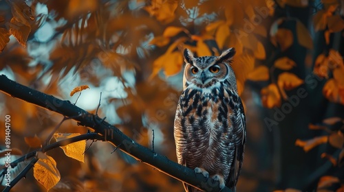 An owl perches on a branch with a blurred background of fall foliage © Darya