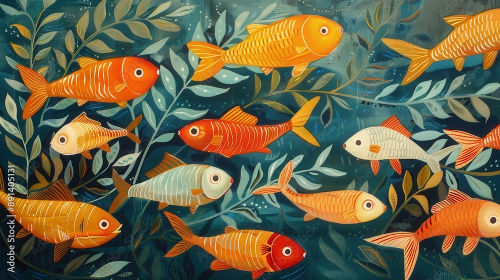 A vibrant illustration depicting various fish with orange, yellow, and white scales swimming in a deep blue sea. Green aquatic plants grow in the background
