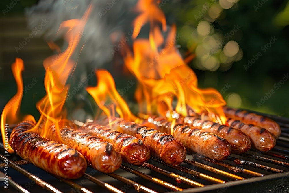 Grilled Sausages with Flames on a Barbecue Grill Grilled Sausages with Flames on a Barbecue Grill