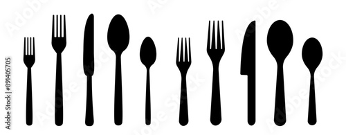 Set different fork, spoon and knife icons sign. Silverware icons. Logotype menu. Menu symbol. Black silverware icon. Vector illustration.