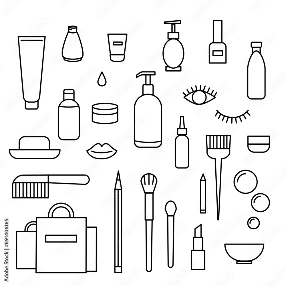 Set of linear icons of beauty care and cosmetics products. beauty, makeup, cream, hair dye, brush, visage, soap, comb, jar, eye, eyelashes, drop, bubble, lips, pipette, lipstick, painting, hai Set of linear icons of beauty care and cosmetics products. beauty, makeup, cream, hair dye, brush, visage, soap, comb, jar, eye, eyelashes, drop, bubble, lips, pipette, lipstick, painting, hai