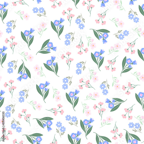 coquette seamless flowers pattern. Delicate petals and vibrant blossoms create an artistic and vintage botanical illustration. Perfect for wallpaper, fabric, wrapping paper and more.