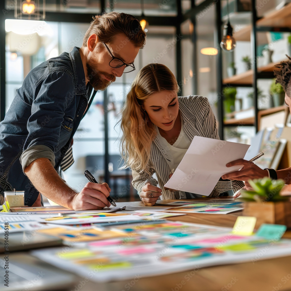 Fototapeta premium A Collaborative Team Huddle Over Charts and Data in a Modern Office Setting