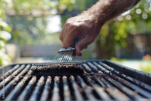 Person cleaning a barbecue grill with a wire brush on a sunny day in a backyard