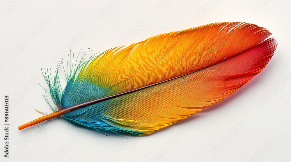Vibrant multicolored feather macro photograph on white textured background Vibrant multicolored feather macro photograph on white textured background