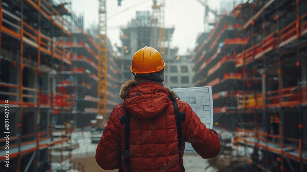 Civil architect engineer inspecting a blueprint at a construction site, surrounded by scaffolding and cranes, ensuring the structural integrity of the building Civil architect engineer inspecting a blueprint at a construction site, surrounded by scaffolding and cranes, ensuring the structural integrity of the building