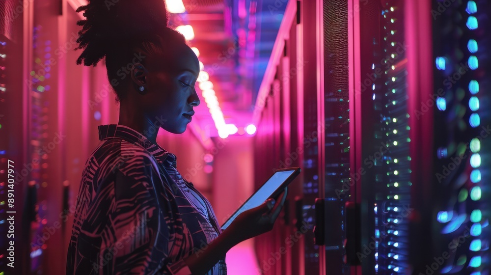 Obraz premium Black female, Chief Technology Officer, using a tablet standing in Big Data Center