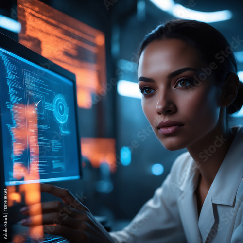 Portrait of a IT specialist analysing futuristic holographic data information.