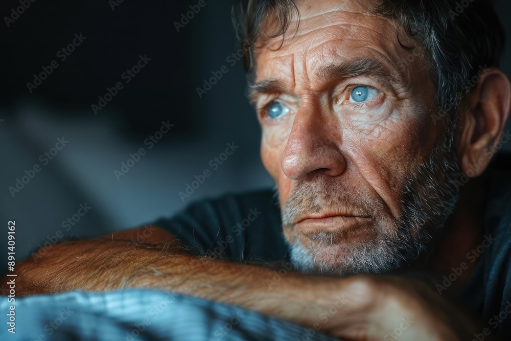 The Weight of the World A Middle-Aged Man Struggles with Depression in His Bedroom, Seeking Relief from the Darkness Within The Weight of the World A Middle-Aged Man Struggles with Depression in His Bedroom, Seeking Relief from the Darkness Within