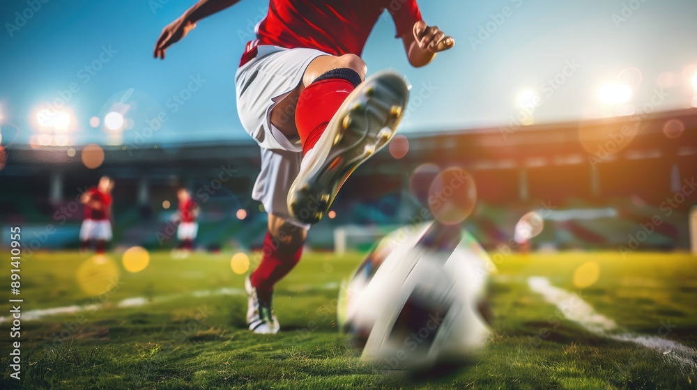 Fototapeta premium Soccer player in red uniform kicks ball on grass field during championship match