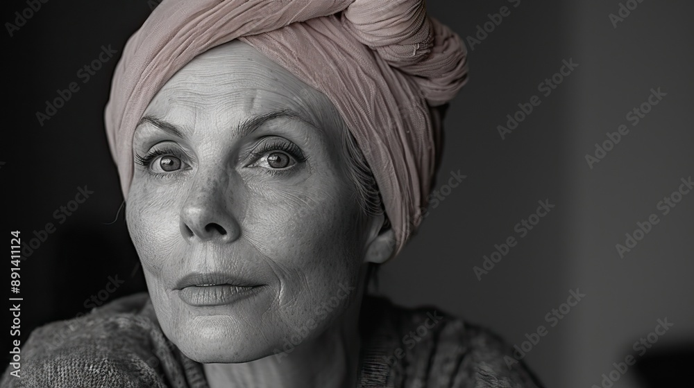 Black and white portrait of an older woman with a headscarf, looking directly at the camera with a serious expression. Black and white portrait of an older woman with a headscarf, looking directly at the camera with a serious expression.