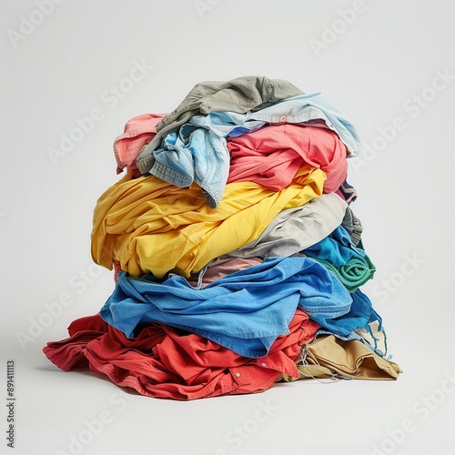 chaotic pile of multicolored dirty laundry on pristine white background emphasizing mess and disorder