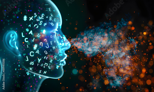 AI speaks letters, text-to-speech or TTS, text-to-voice, speech synthesis applications, generative Artificial Intelligence, futuristic technology in language and communication.