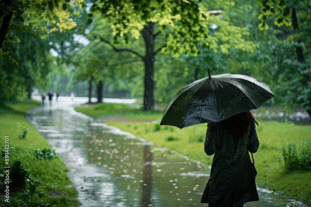 A woman with a black umbrella walking in a lush park during a light rain. A woman with a black umbrella walking in a lush park during a light rain.