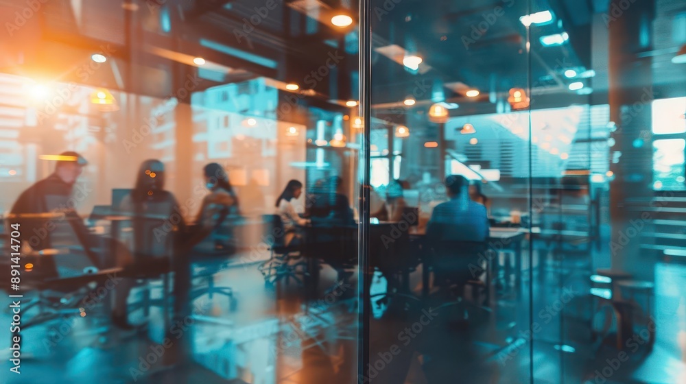 a modern glasswalled office buzzes with activity as blurred silhouettes of professionals collaborate soft focus creates an atmosphere of innovation and teamwork in cool muted tones a modern glasswalled office buzzes with activity as blurred silhouettes of professionals collaborate soft focus creates an atmosphere of innovation and teamwork in cool muted tones