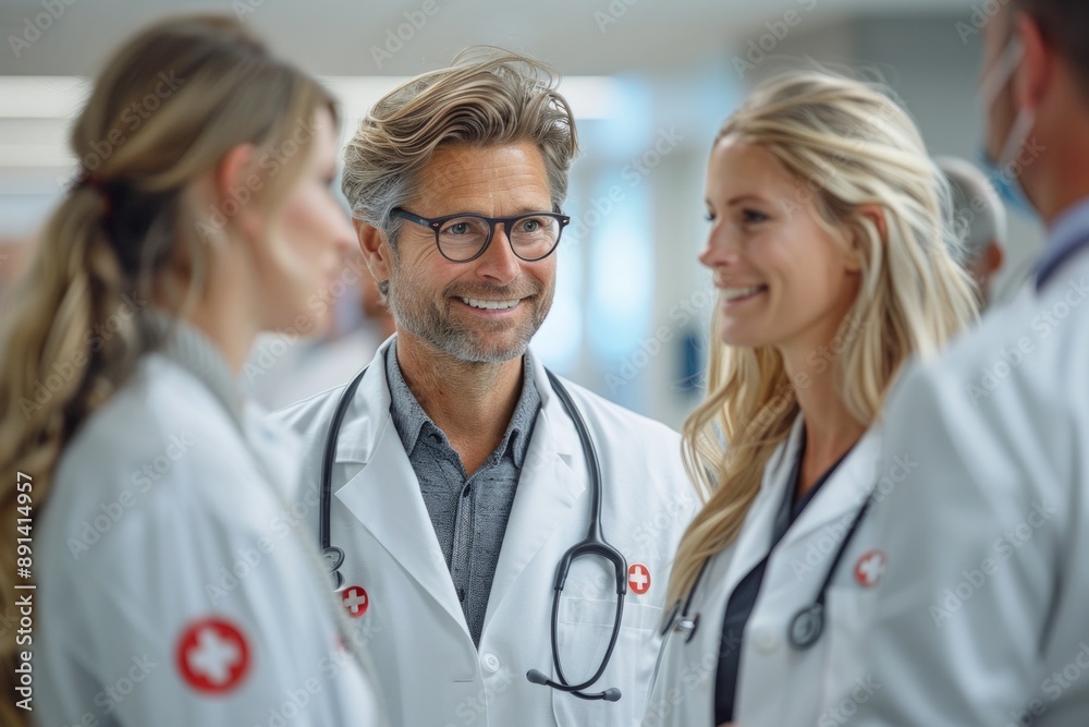 Smiling Young Healthcare Professionals Discussing Patient Care in a Hospital Corridor, Team Collaboration in Medical Setting Smiling Young Healthcare Professionals Discussing Patient Care in a Hospital Corridor, Team Collaboration in Medical Setting