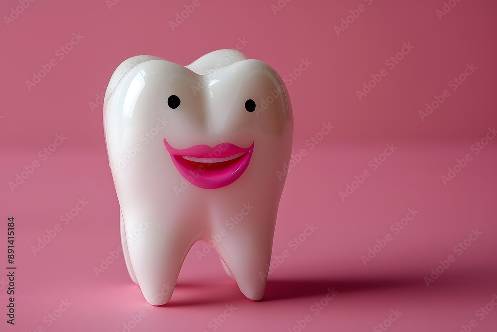 Cheerful Cartoon Tooth Character on a Pink Background Cheerful Cartoon Tooth Character on a Pink Background