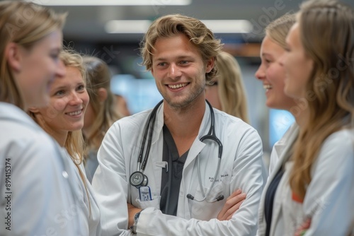 Smiling Young Healthcare Professionals Discussing Patient Care in a Hospital Corridor, Team Collaboration in Medical Setting