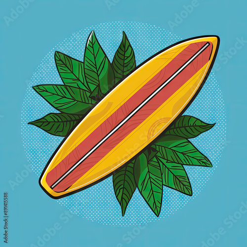 summer surfing, surfboard bright coloring, drawing, green leaves.