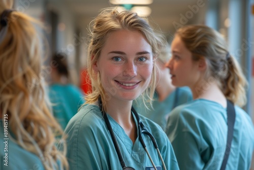 Smiling Young Healthcare Professionals Discussing Patient Care in a Hospital Corridor, Team Collaboration in Medical Setting