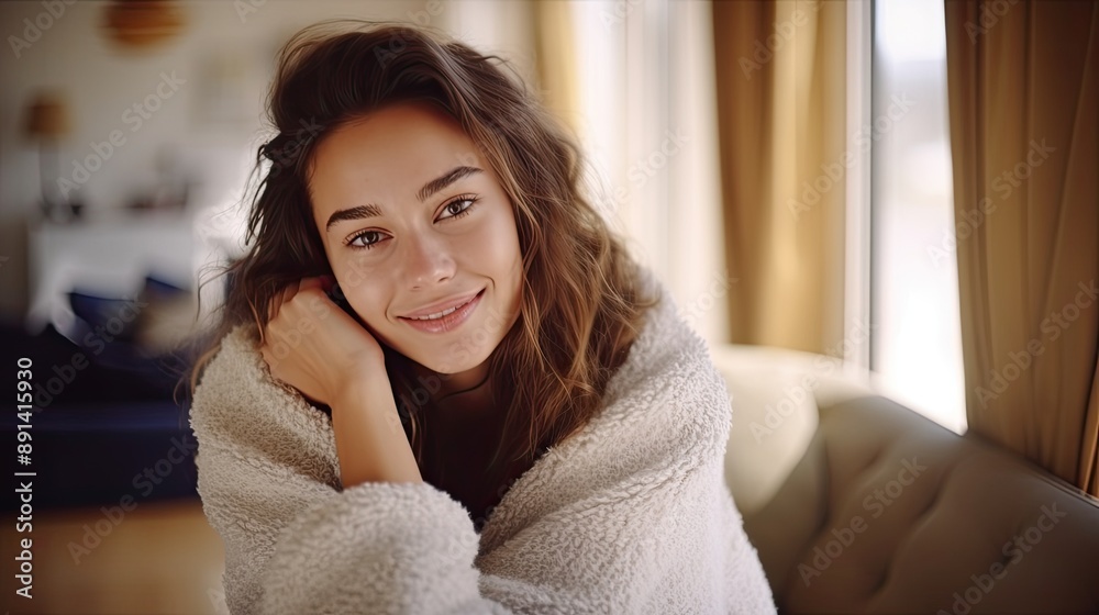Smiling woman in cozy robe looking at camera. Smiling woman in cozy robe looking at camera.