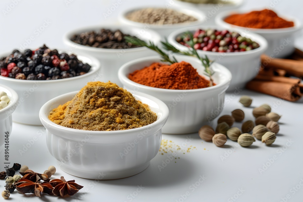 A Colorful Array of Spices and Herbs in White Bowls A Colorful Array of Spices and Herbs in White Bowls