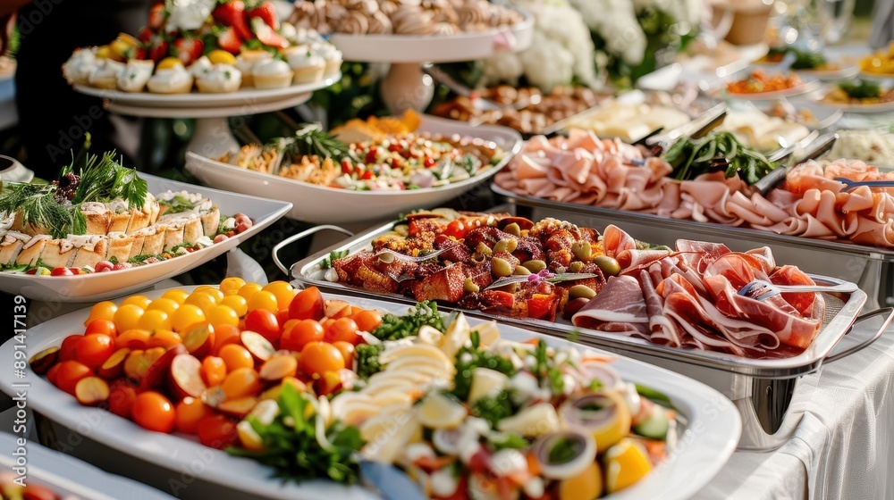 an opulent catering buffet overflowing with gourmet dishes colorful meats vegetables and desserts artfully arranged on elegant serving platters creating a feast for the eyes an opulent catering buffet overflowing with gourmet dishes colorful meats vegetables and desserts artfully arranged on elegant serving platters creating a feast for the eyes