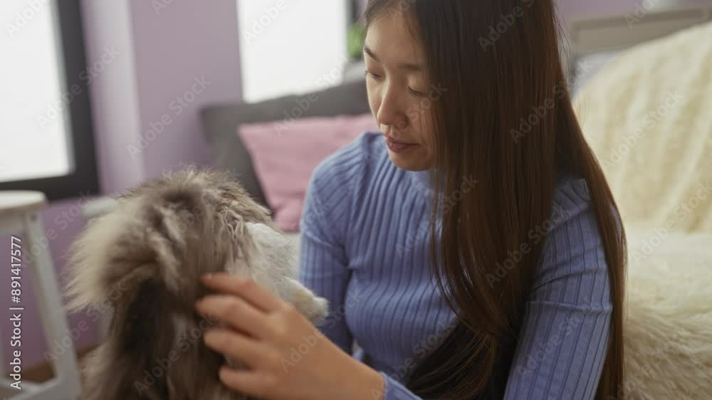 A young chinese woman wearing a blue sweater gently strokes her fluffy cat in a cozy living room with soft furnishings. A young chinese woman wearing a blue sweater gently strokes her fluffy cat in a cozy living room with soft furnishings.