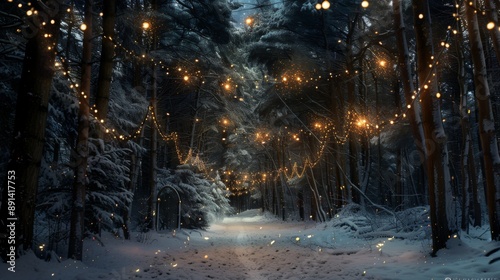 Enchanted Winter Forest with Festive Lights Mystical Snowy Pathway for Holiday Magic