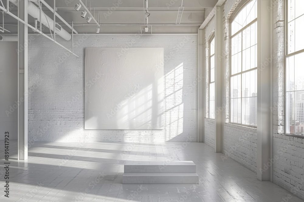 Sun shining through windows in gallery with empty frame Sun shining through windows in gallery with empty frame