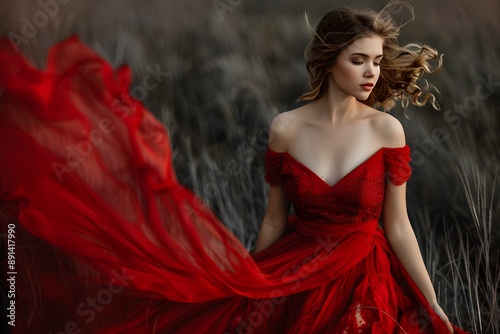 Enchanting Elegance: A Woman in a Flowing Red Dress Amidst Nature's Beauty